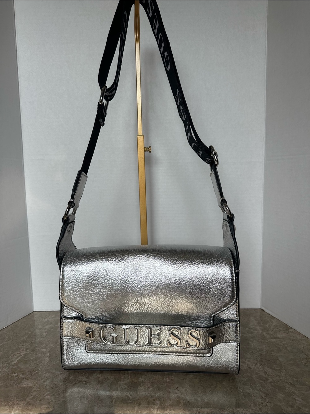 GUESS Felix Silver Metallic Crossbody Shoulder Bag Flap G Logo Cyber Punk Purse